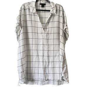 Tahari Popover Top Women’s 2XL White Black Linen Blend Tunic Short Sleeves